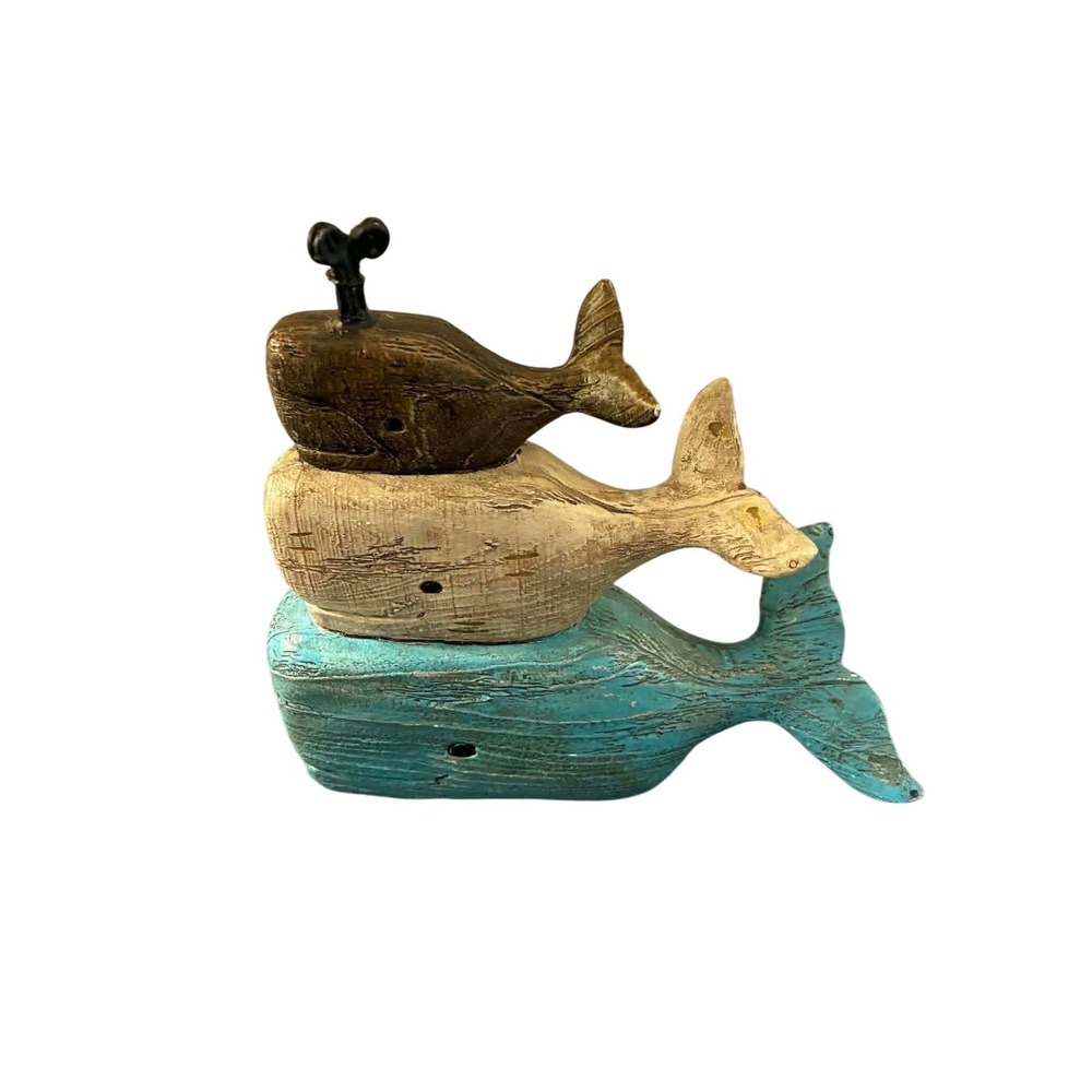 Whale Figurine Stack Coastal Beach Decor Resin Blue White Brown Nautical